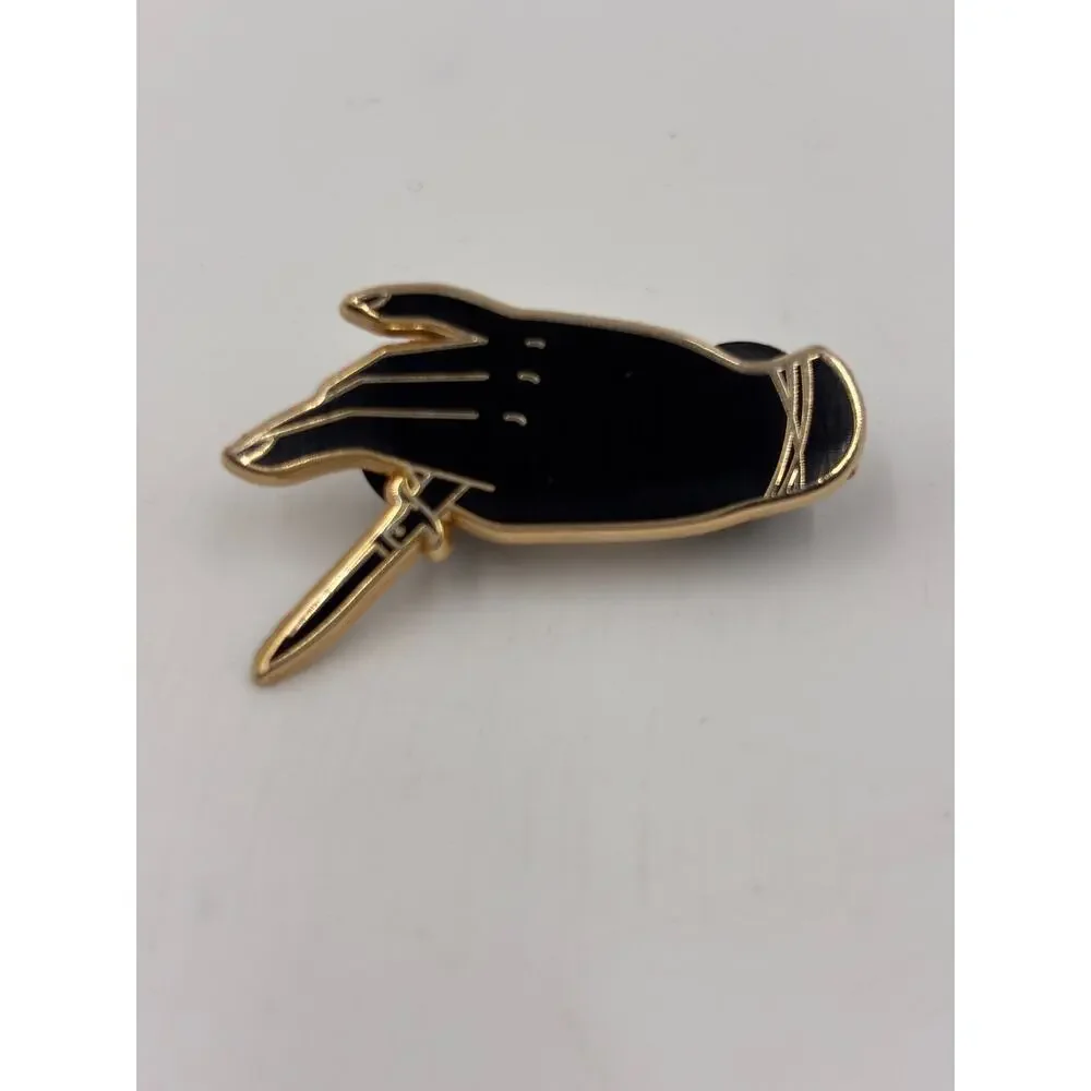 Enamel Pin Hand Holding Dagger Gothic Black Gold Lapel Brooch KWT Designs